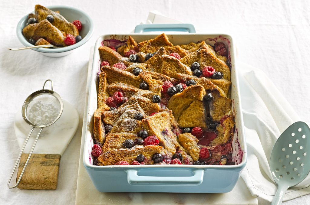 Mixed berries bread and butter pudding