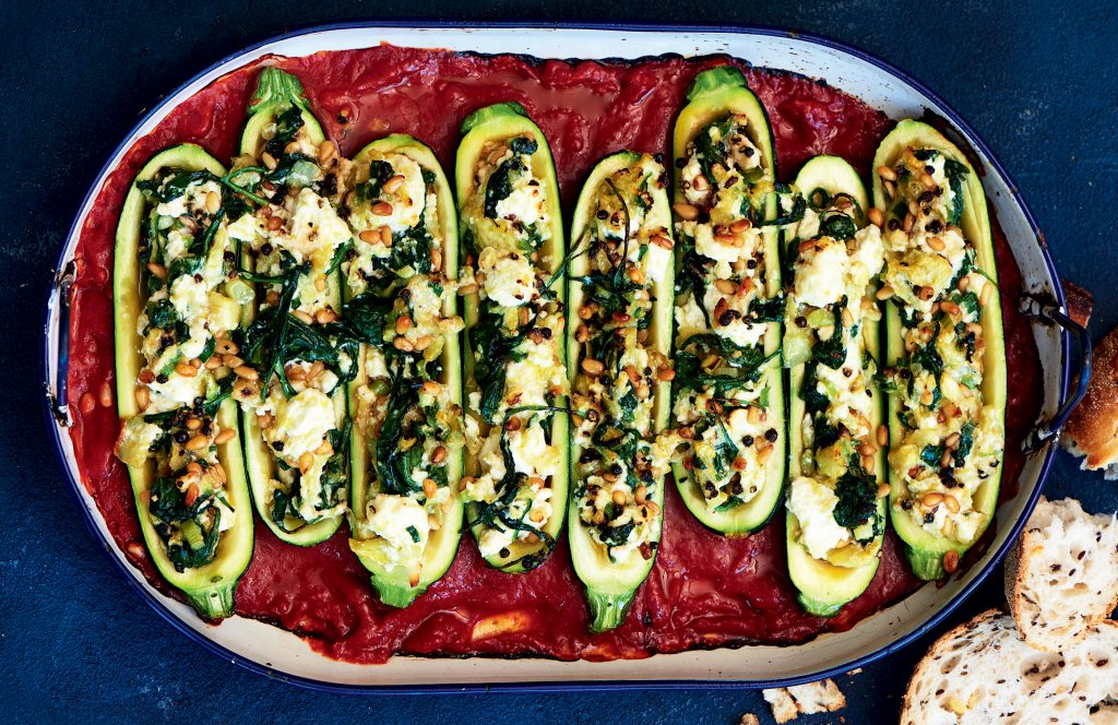 Spinach, pine nut and ricotta stuffed courgette bake