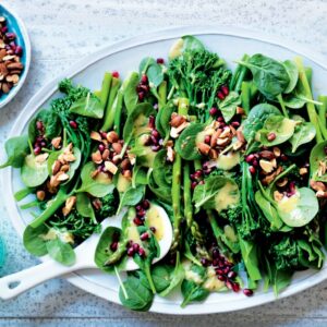 Asparagus, almond and pomegranate salad with roasted garlic dressing