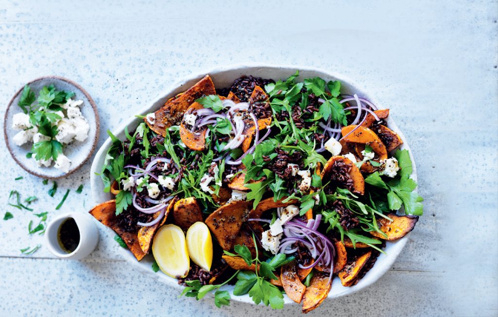 Black rice, herb and roasted pumpkin salad with crumbled feta