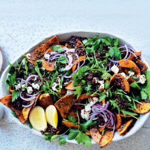 Black rice, herb and roasted pumpkin salad with crumbled feta
