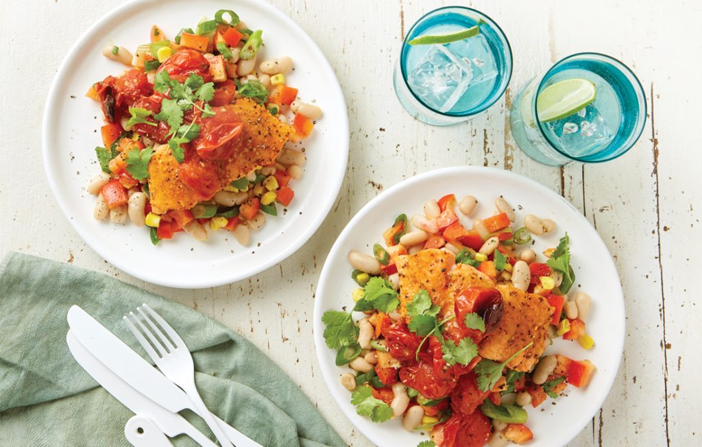 Moroccan salmon with beans and warm tomato salsa