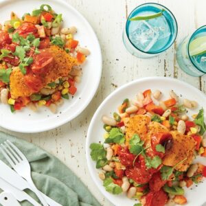 Moroccan salmon with beans and warm tomato salsa