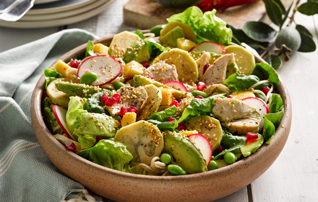 Autumn chicken salad with feijoa dressing