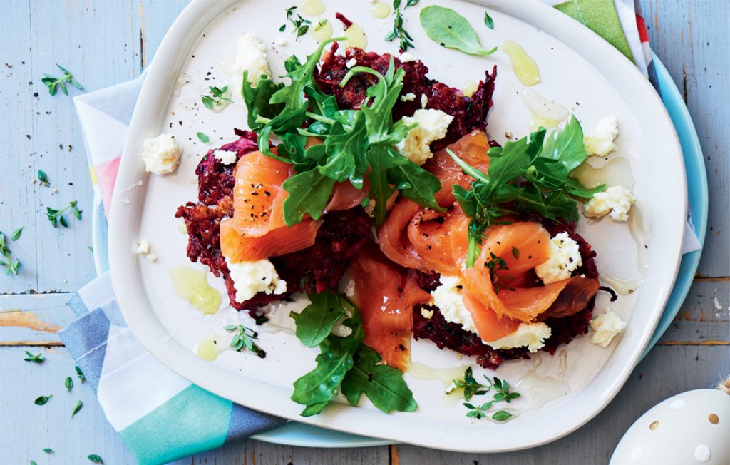 Honeyed ricotta, beetroot and thyme fritters with smoked salmon