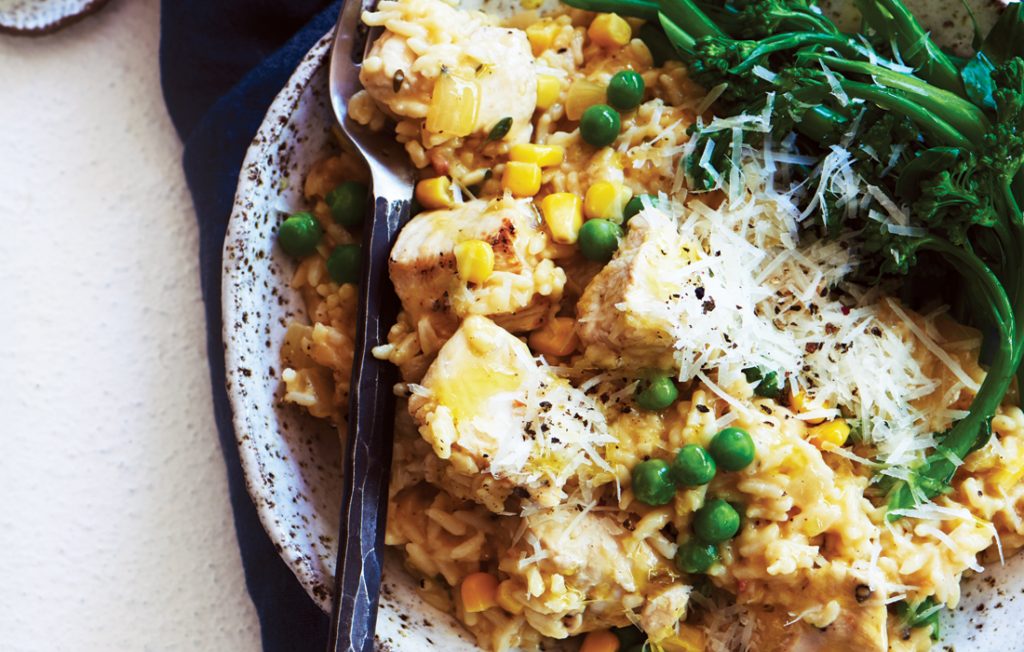 Creamy baked chicken and corn risotto