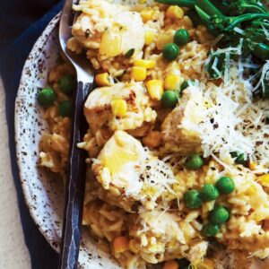 Creamy baked chicken and corn risotto
