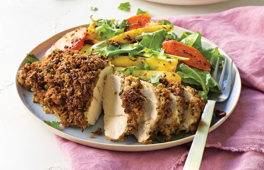 Chicken breast with chilli crumb and honey mustard veges