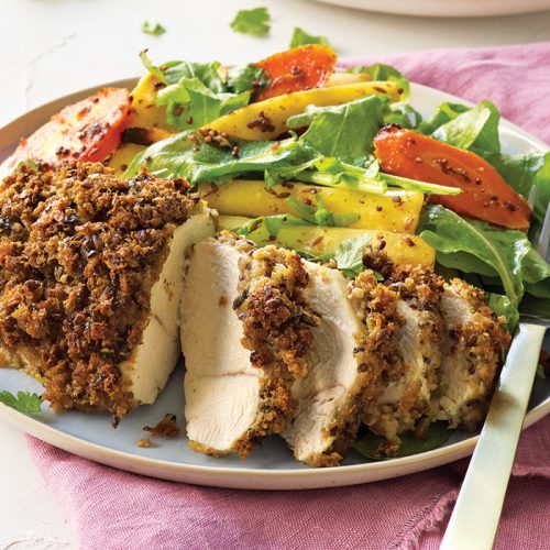 Chicken breast with chilli crumb and honey mustard veges