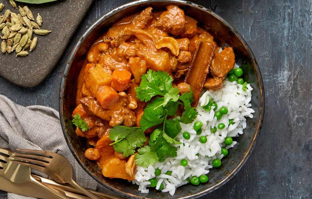 Massaman curry with jasmine and pea rice