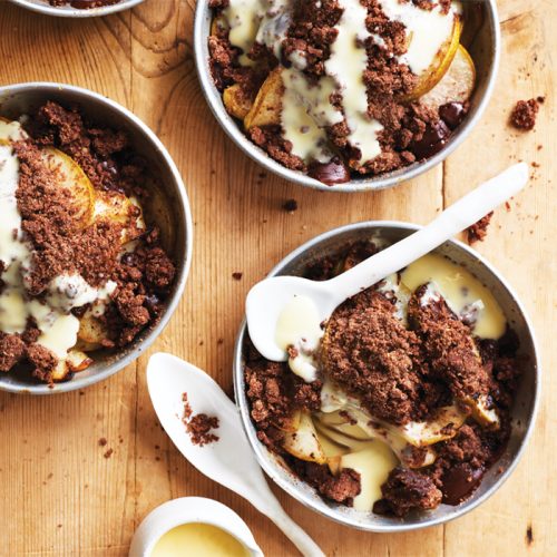 Pear and double chocolate crumble