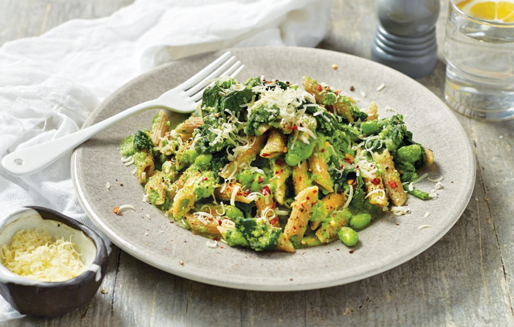 Green pasta with edamame and parmesan