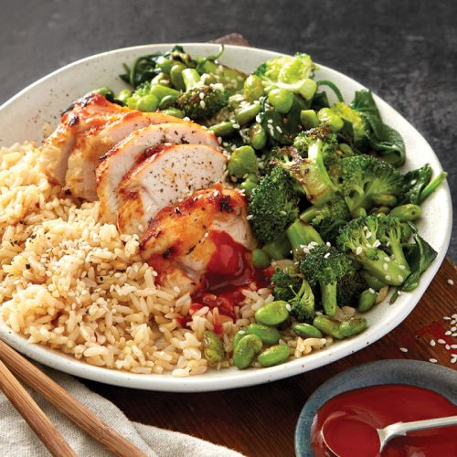 Spicy miso chicken with rice and vege toss