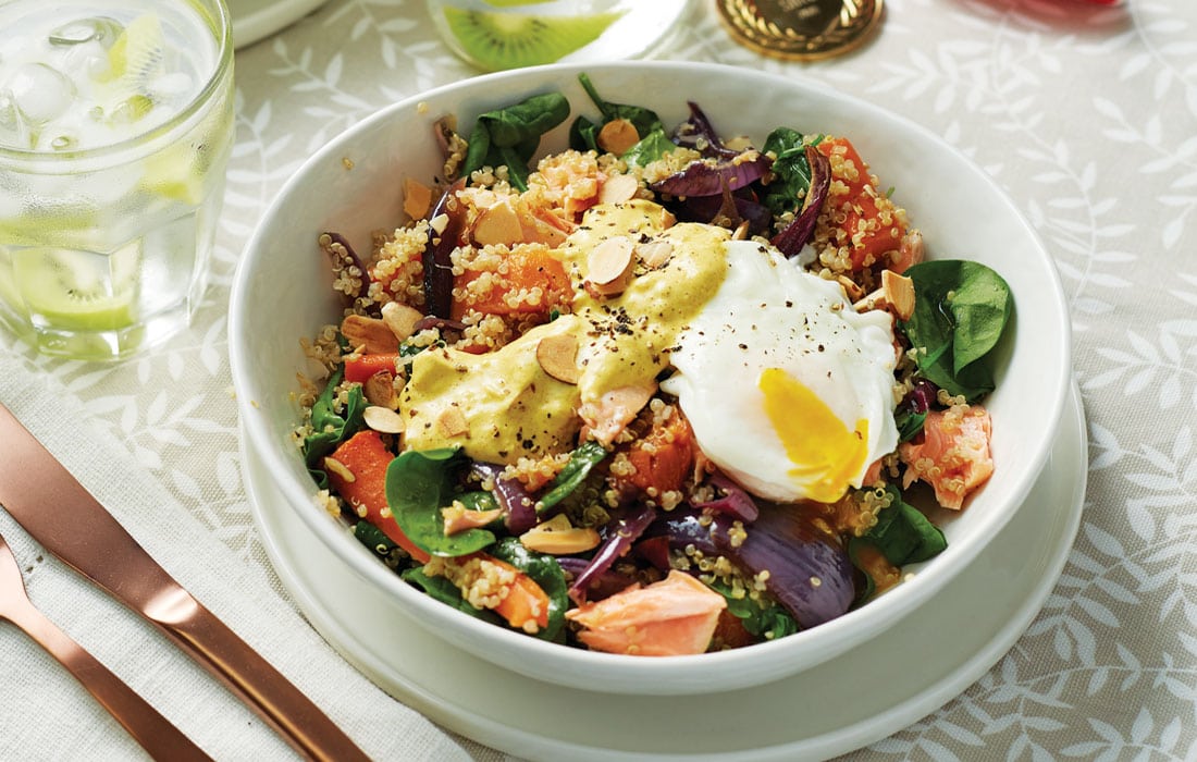 Warm salmon and quinoa salad with kiwifruit flavoured water - Healthy ...