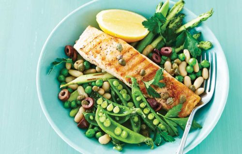 Grilled salmon with warm peas, asparagus and cannellini beans