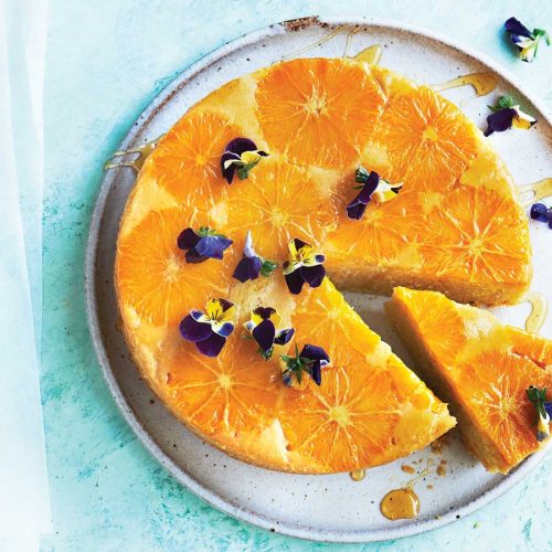 Upside-down orange and almond cake with rosewater yoghurt