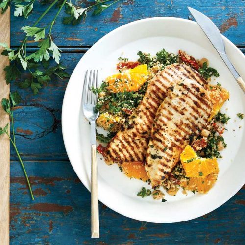 Grilled fennel chicken with orange, kale and chickpea salad