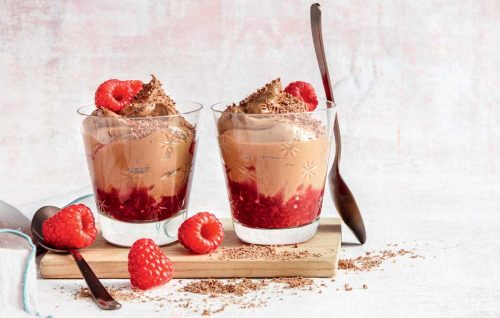 Layered chocolate mousse and raspberry chia jam