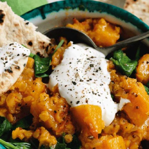 Vegetarian lentil, squash and spinach dhal