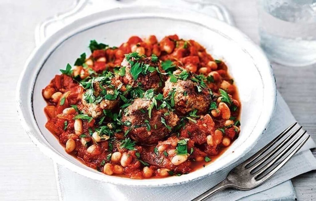 Turkey meatballs with homemade baked beans