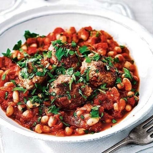 Turkey meatballs with homemade baked beans