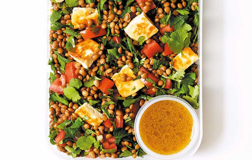 Herby lentil and haloumi salad