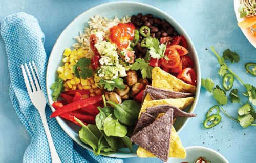 Black bean and mushroom bowl with loaded guacamole