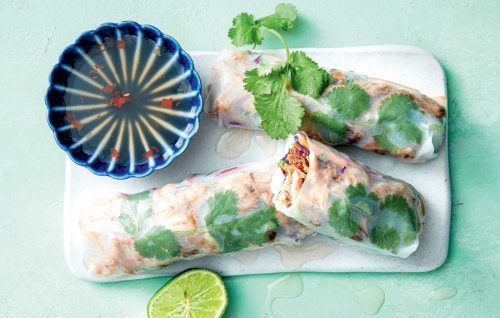 Pulled pork and coriander rice paper rolls