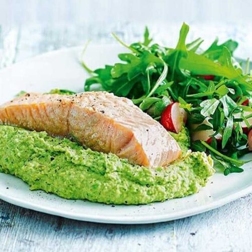 Baked salmon with pea and mint butterbean mash