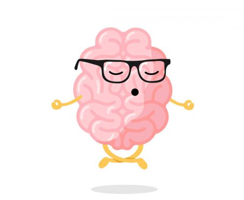 Cartoon of a brain in glasses meditating