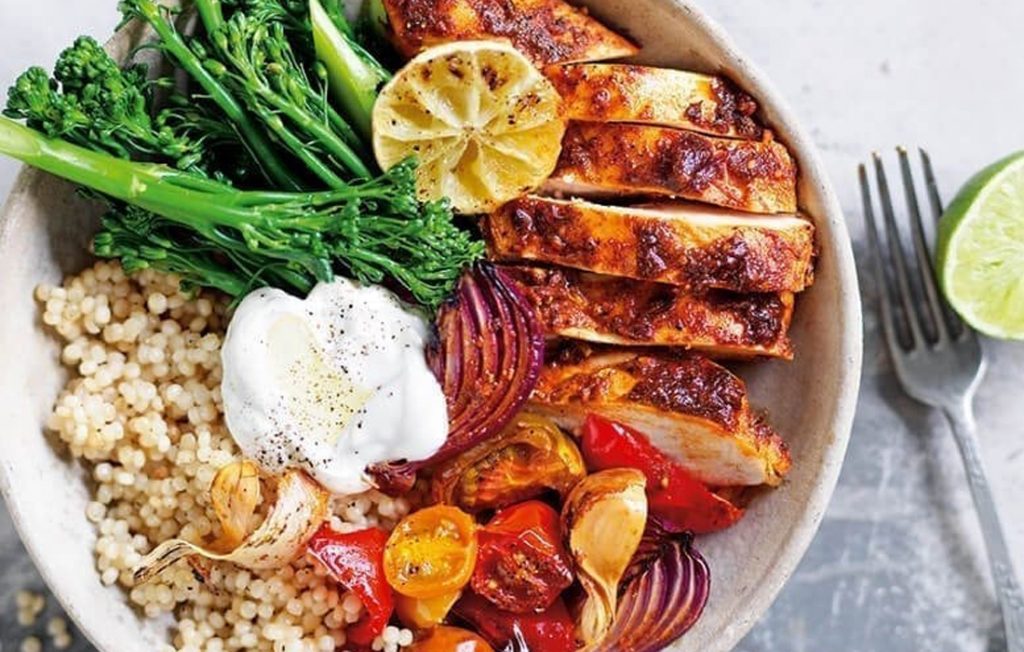Roast vegetable and chicken bowl