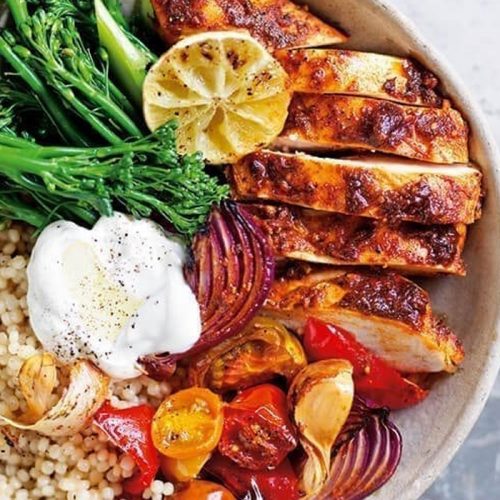 Roast vegetable and chicken bowl