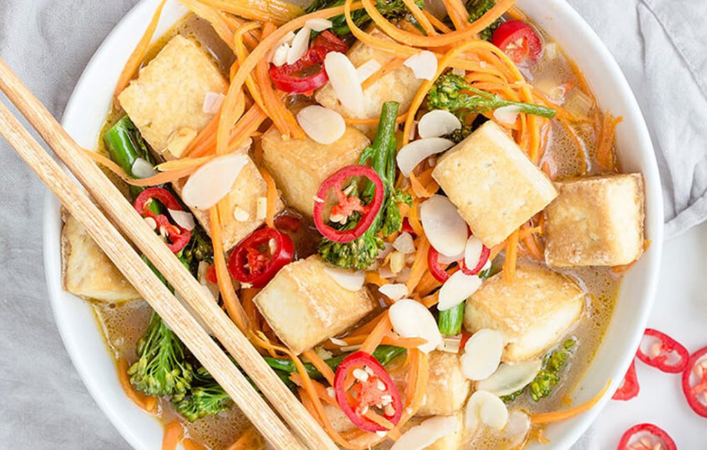 Vegan laksa with tofu, and carrot noodles