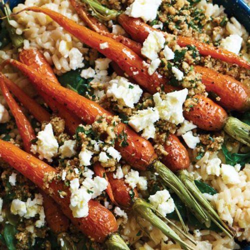 Risotto with baby carrots and pine nut crumble