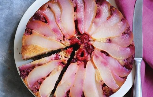 Pear and raspberry upside-down cake