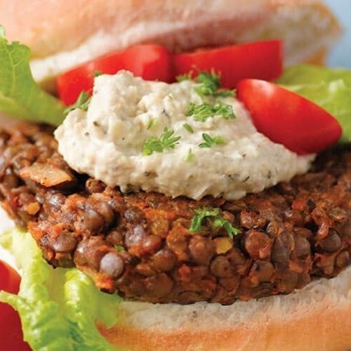 Vegetarian lentil burgers with hummus