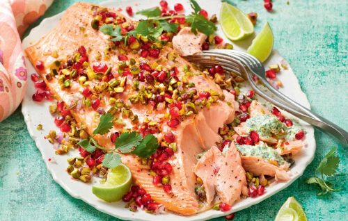 Baked salmon with pistachio and pomegranate