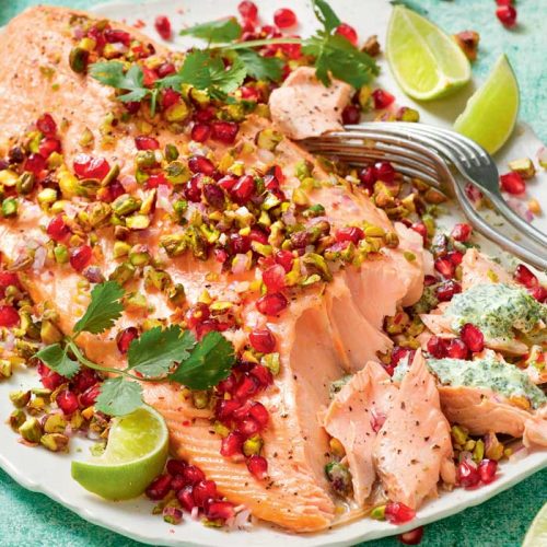 Baked salmon with pistachio and pomegranate