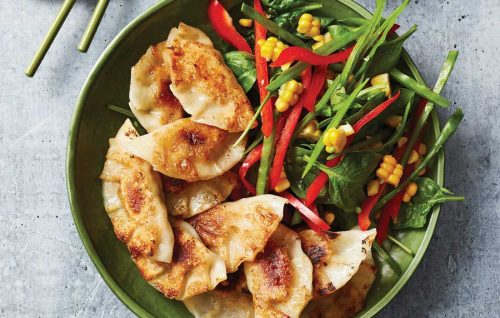 Chicken and sweetcorn pot-sticker dumpling salad