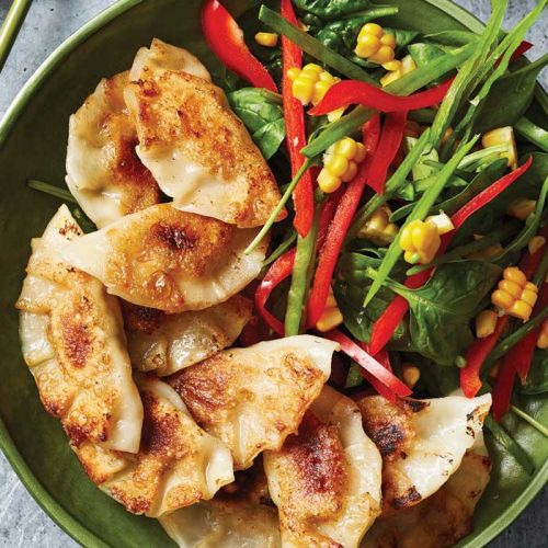 Chicken and sweetcorn pot-sticker dumpling salad