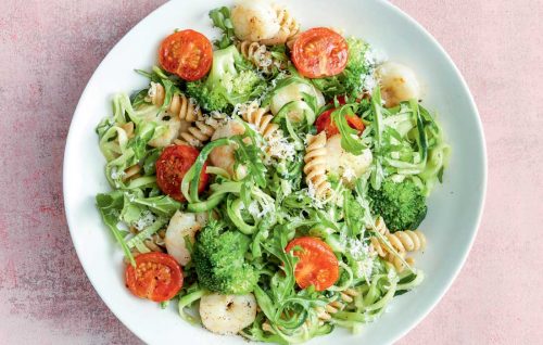 Pasta with garlicky prawns, wilted tomatoes and greens