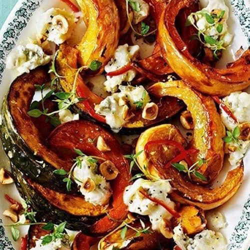 Roasted squash with blue cheese and hazelnuts