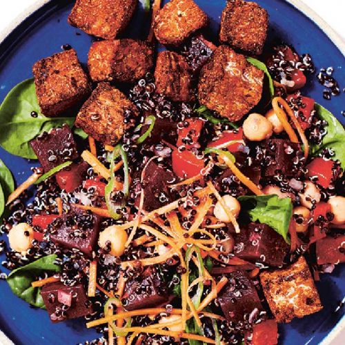 Poke with spicy tempeh, beetroot and quinoa salad