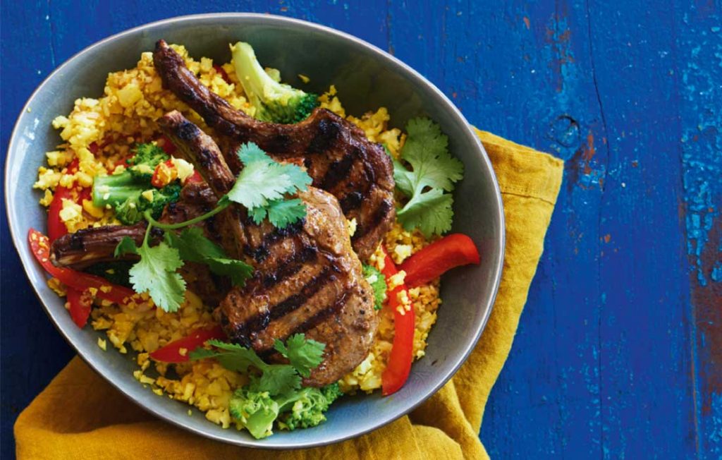 Turmeric cauliflower rice with grilled lamb cutlets