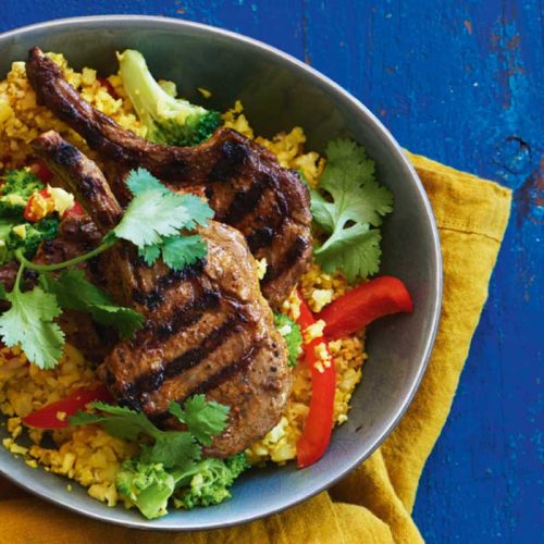 Turmeric cauliflower rice with grilled lamb cutlets