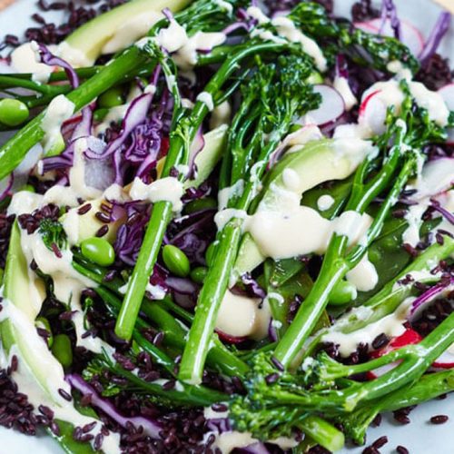 Rice salad with blistered broccolini and miso dressing