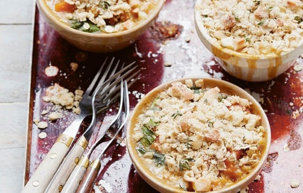 Macadamia crumble pots with squash and chickpeas