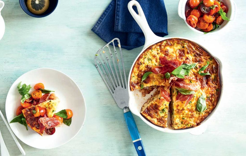 Prosciutto and baked bean breakfast frittata with tomato salsa