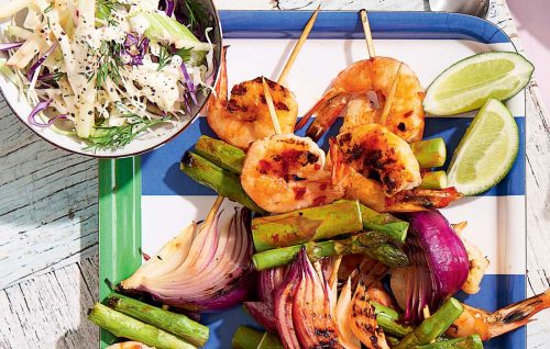 Harissa prawn skewers with dill and apple coleslaw