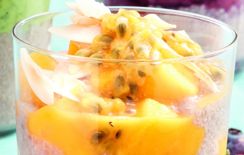 Mango, passionfruit and coconut chia puds